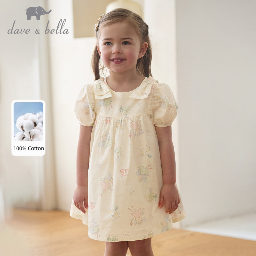 Dave Bella 6M-9Y ชุดเดรสดอกไม้ แขนพอง 100%cotton เด็กหญิง ฤดูร้อน คอกลม น่ารักและมีสไตล์ DB2262382