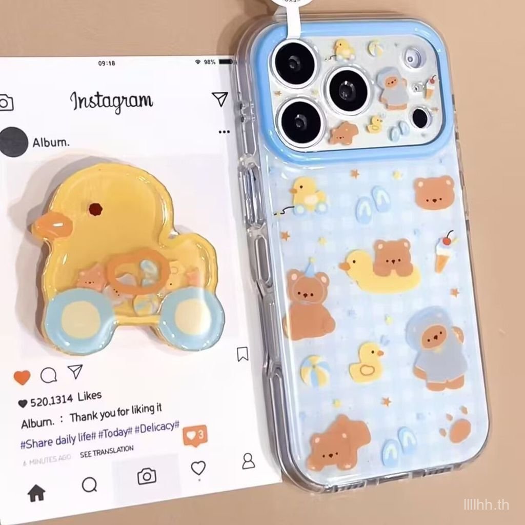 เคสโทรศัพท์ เหมาะสําหรับ iPhone 11 12 13 14 15 16 17 Pro max ลายสก๊อตแหวนว่ายน้ําหมี + วงเล็บ Shock-proof Shock-proof ป้องกันกรณีรวมทุกอย่างกรณี O61I