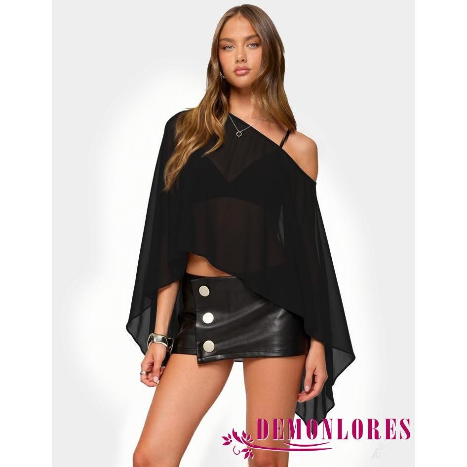 Demonlores-Women Poncho Shawl Sheer White Cropped Top พร้อมเสื้อคอเรือไม่สมมาตร