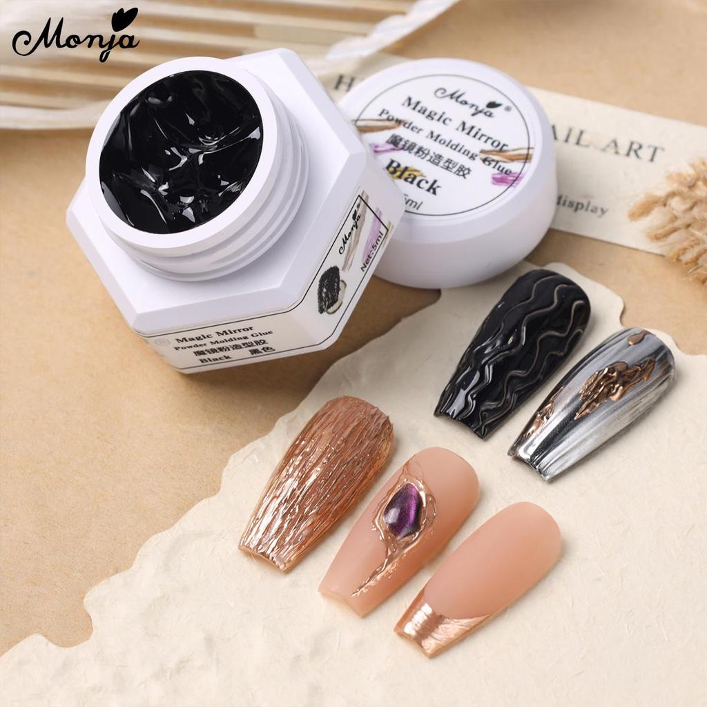 Monja 5ml สีดํา Moulding UV Gel 3D บรรเทาเล็บสําหรับ Magic กระจกผงถู กาวเล็บเครื่องมือ mirror powder