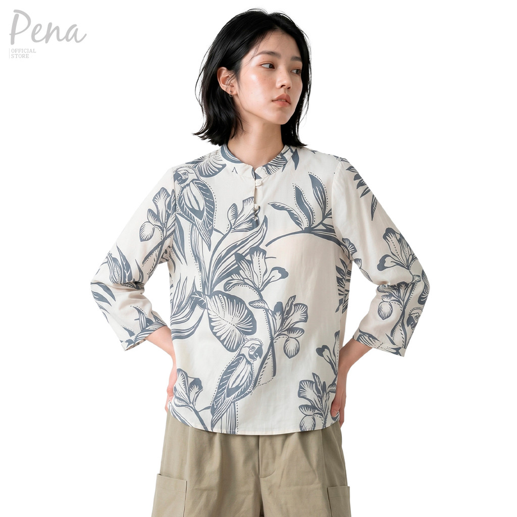 Pena house เสื้อเชิ๊ตคอจีนแขนยาว ลายพฤกษาแขนสี่ส่วน POSL052601