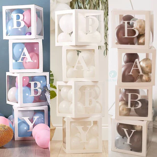 GeeParty กล่องบอลลูนโปร่งใส 25x25 ซม. สีขาว พร้อมสติ๊กเกอร์ตัวอักษร A-Z สำหรับวันเกิด งานแต่งงาน ปาร์ตี้ ตกแต่งงานเลี้ยง