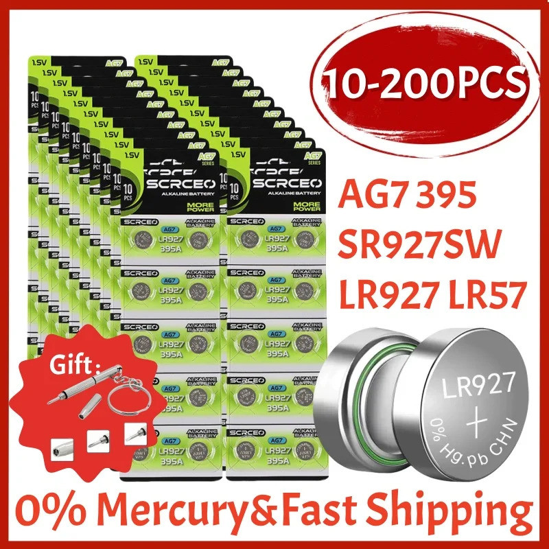 10-200PCS AG7 SR927SW 395 แบตเตอรี่เซลล์ปุ่ม LR927 LR57 SR927W 399 395A แบตเตอรี่อัลคาไลน์สําหรับนาฬ