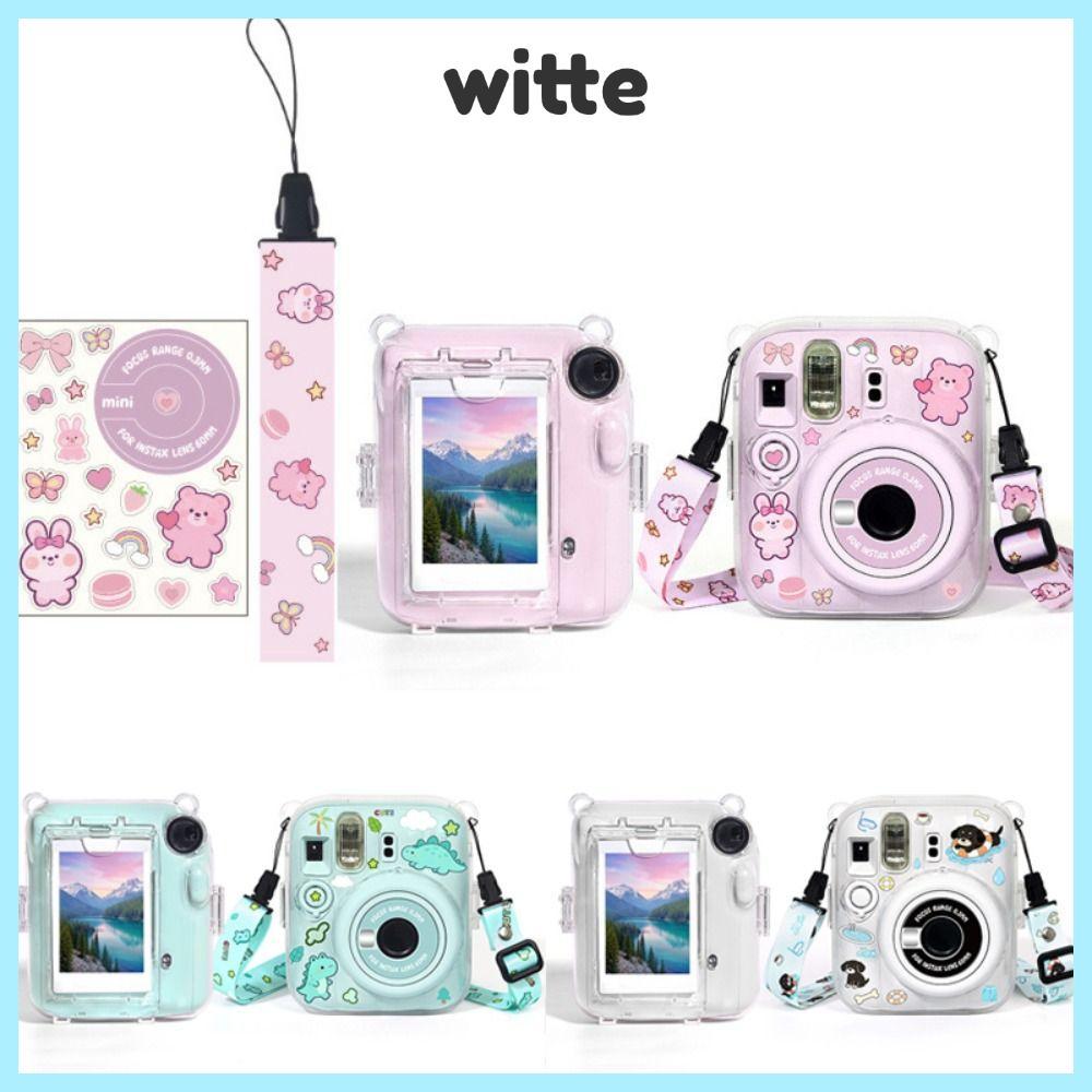 WITTE กล้องทันที, 3 in 1 พร้อมสติกเกอร์การ์ตูน Photo Storage Shell, สายรัดปรับได้คริสตัลทนต่อการสึกหรอฝาครอบป้องกันสําหรับ Fujifilm Instax Mini 13 Travel Daily