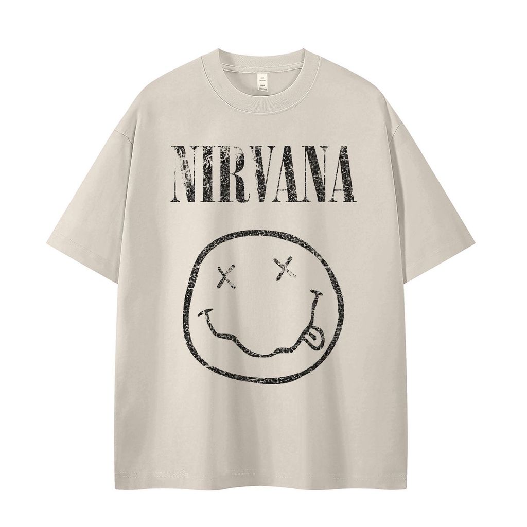 NIRVANA NIRVANA Band Retro American Street vtg วางไหล่หลวมผ้าฝ้ายรอบคอ Rock เสื้อยืดแขนสั้น
