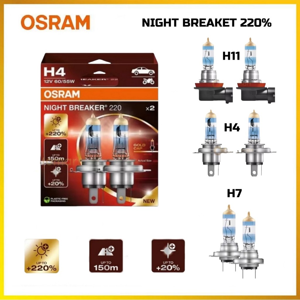 Osram Night Breaker 220 สูงสุด +220% ไฟหน้าหลอดไฟหมอก H4 H11 H7 หลอดไฟหน้า