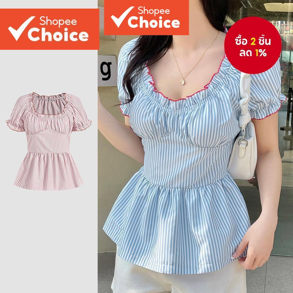 ผู้หญิงน่ารักเสื้อลายจีบ Contrast Binding Smock ฤดูร้อน/ฤดูใบไม้ผลิเสื้อ L125AD492