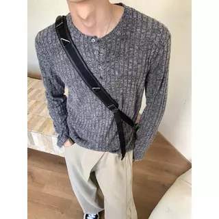 MR9 Henley Shirt T13 เสื้อยืดแขนยาว ผ้าไหมพรม เสื้อสเวดเตอร์ คอHenley วินเทจ