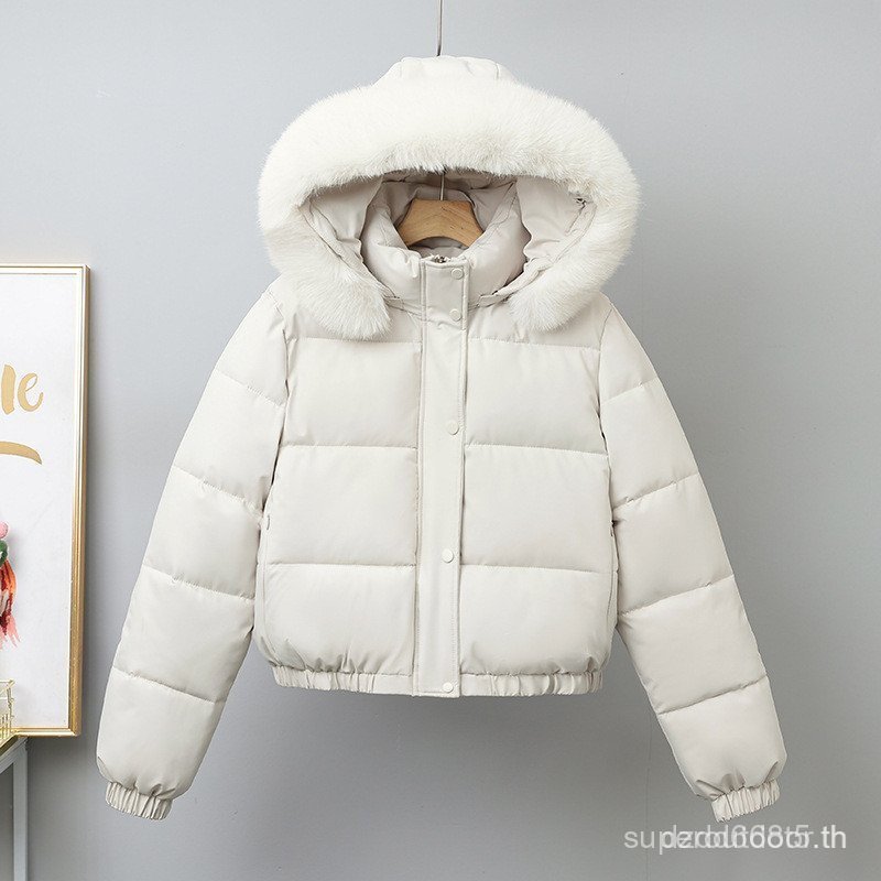 เสื้อแจ็คเก็ตผ้าฝ้ายแบบสั้นสําหรับผู้หญิงการออกแบบฤดูหนาวมีฮู้ดด้วยขนแกะเทียม ต่ํา - รูปที่ 4