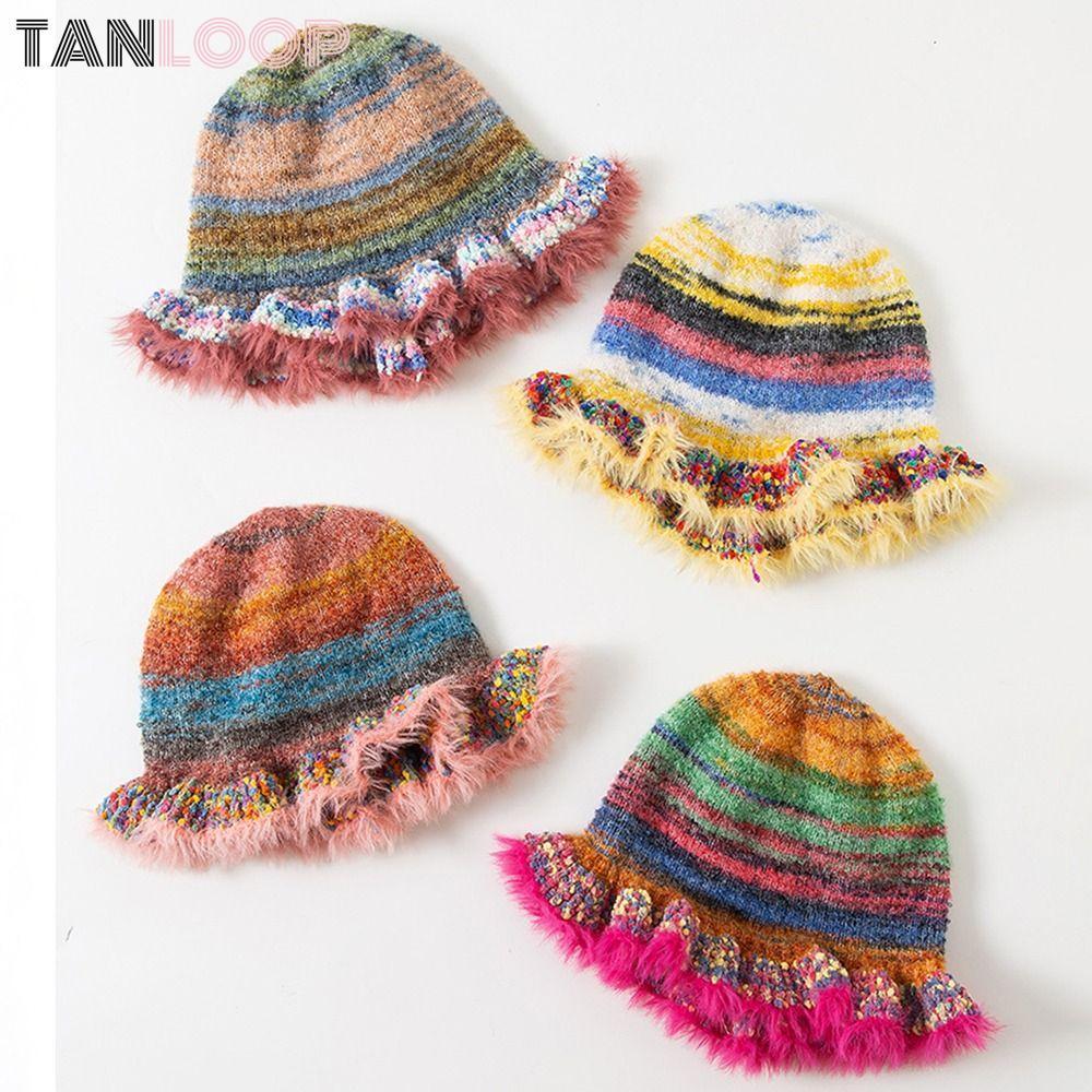 TANLOOP ถัก Busket หมวก, โครเชต์ถักฤดูหนาวที่อบอุ่นหมวกทําด้วยผ้าขนสัตว์นุ่ม, แฟชั่นสายรุ้งลายหมวกอ่