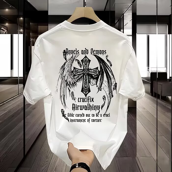 2026ผ้าฝ้ายแท้ฤดูร้อนสบายๆผู้ชายแขนสั้นหลวมพิมพ์Ruffianหล่อHigh Streetรอบคอ 2024 รูปแบบอินเทรนด์พิมพ