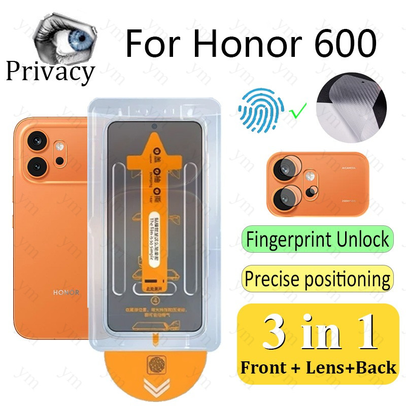 [ปลดล็อคลายนิ้วมือ] 3 In 1 ฟิล์ม ฟิล์มกระจก Honor 600 Anti-peeping One-คลิกฝุ่นฟรีกระจกนิรภัยป้องกันหน้าจอ Anti-Spy ความเป็นส่วนตัวสําหรับ Honor 600 Pro Magic 8 เลนส์กล้องฟิล์มคาร์บอนไฟเบอร์
