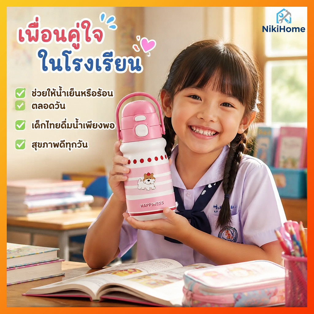 NikiHome 520ml/18ozเด็กพกพาน้ำแก้ว ปากหลอด+ดื่มตรง แก้วเก็บความเย็น-ซีรีย์ลูกสุนัข(สแตนเลส 316) Tumblerเก็บความเย็น 6 ชม