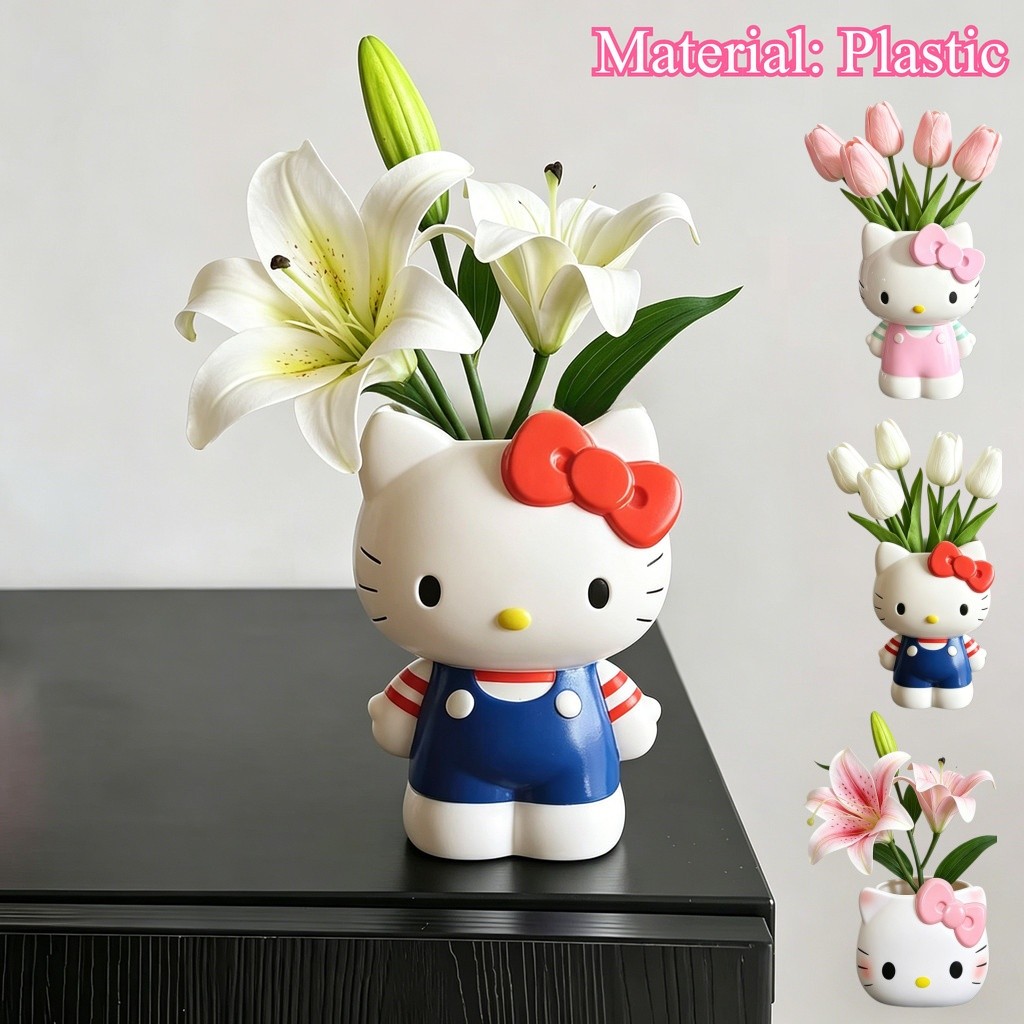 น่ารักเคทีแมวรูปร่างแจกันที่มีสีสันจําลองดอกทิวลิปชุดการ์ตูนสก์ท็อปเครื่องประดับ