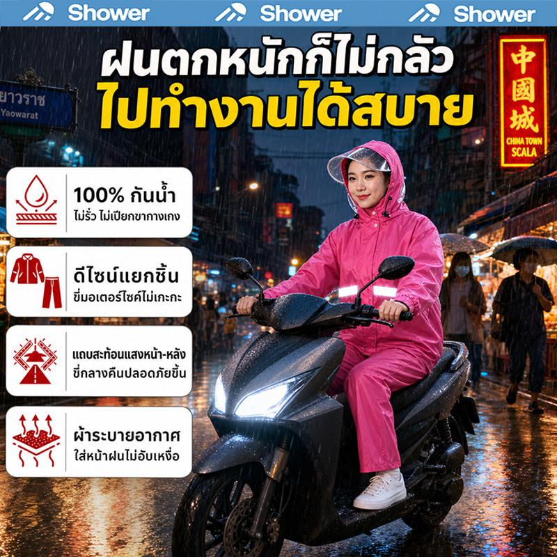 เสื้อกันฝนสองชิ้นสำหรับมอเตอร์ไซค์ กันน้ำ 100% กันลมกันฝนได้ดี สีสดใสทำวันฝนสดใสขึ้น เสื้อกันฝนแฟชั่นไม่เป็นที่น่าเบื่อ