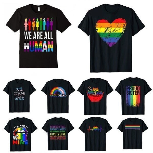 เสื้อยืดสตรีท Pride Month ลายสายรุ้งแฟชั่น 9 แบบ สีดำ S-5XL Unisex