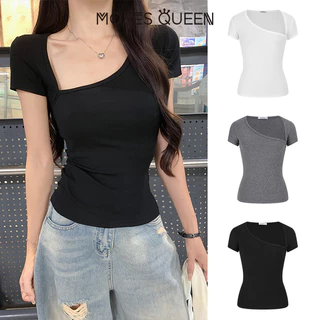 < MOSESQUEEN > เสื้อยืดแขนสั้นไม่สม่ําเสมอเซ็กซี่พร้อมคอปกและสไตล์กระชับสัดส่วนด้านบนสําหรับไหล่ #63675