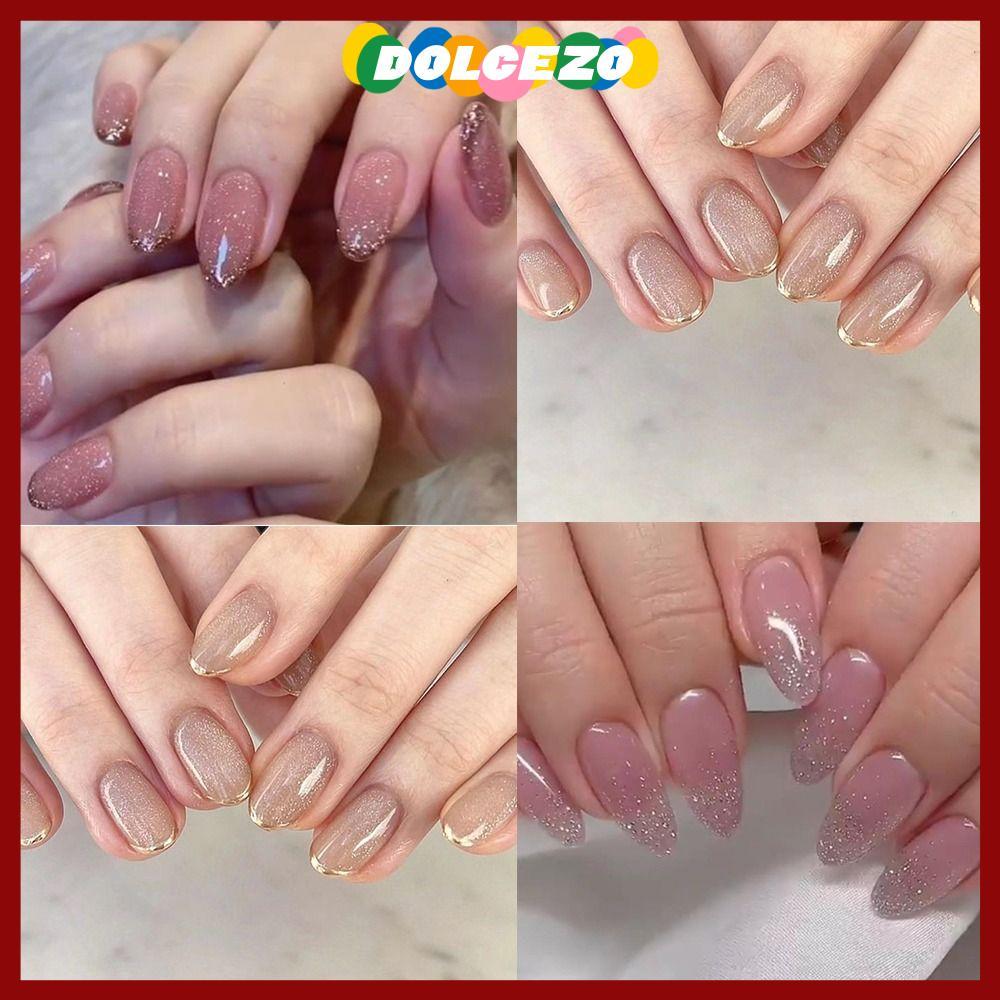 จัดส่งจากประเทศไทยDOLCEZO 24 ชิ้นสั้นอัลมอนด์ที่ถอดออกได้กดบนเล็บปลอม Nials สีชมพูสีเทา