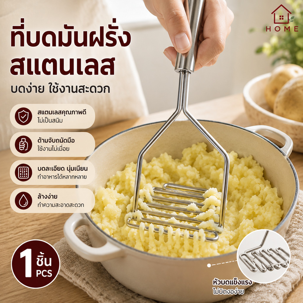 Home007 ที่บดมันฝรั่ง ด้ามจับสแตนเลส ที่บดอเนกประสงค์ ที่บดเผือก ฟักทอง แครอท เครื่องบด มันบด มันฝรั่ง ของใช้ในครัว