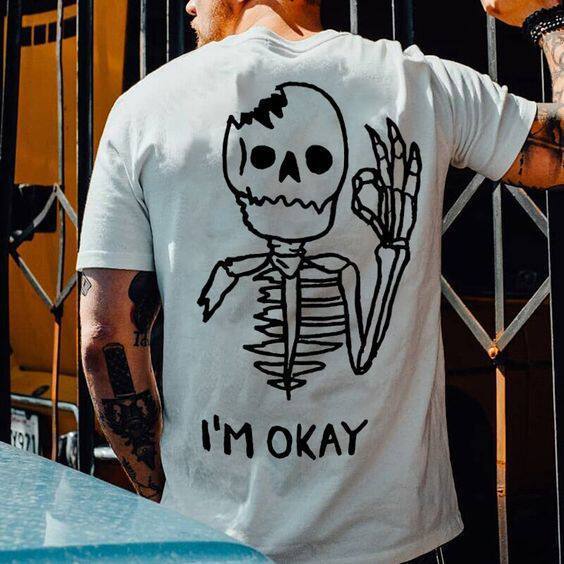 Skull OK ท่าทางพิมพ์ retro ตลกผู้ชายแขนสั้นผ้าฝ้าย 100% หลวม tough guy สไตล์รอบคอเสื้อยืด 0519