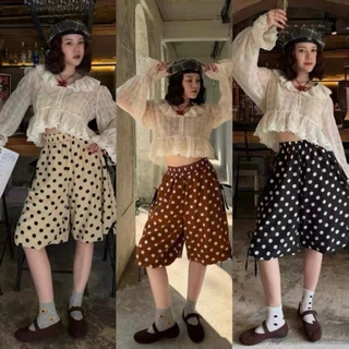 YODOกางเกงบอลลูน polkadot ผู้หญิง 💯 เอวยืด 24-38 นิ้ว ผ้าไหมญี่ปุ่น มีซับใน ไม่โปร่งแสง แต่งเชือกสวย#2064