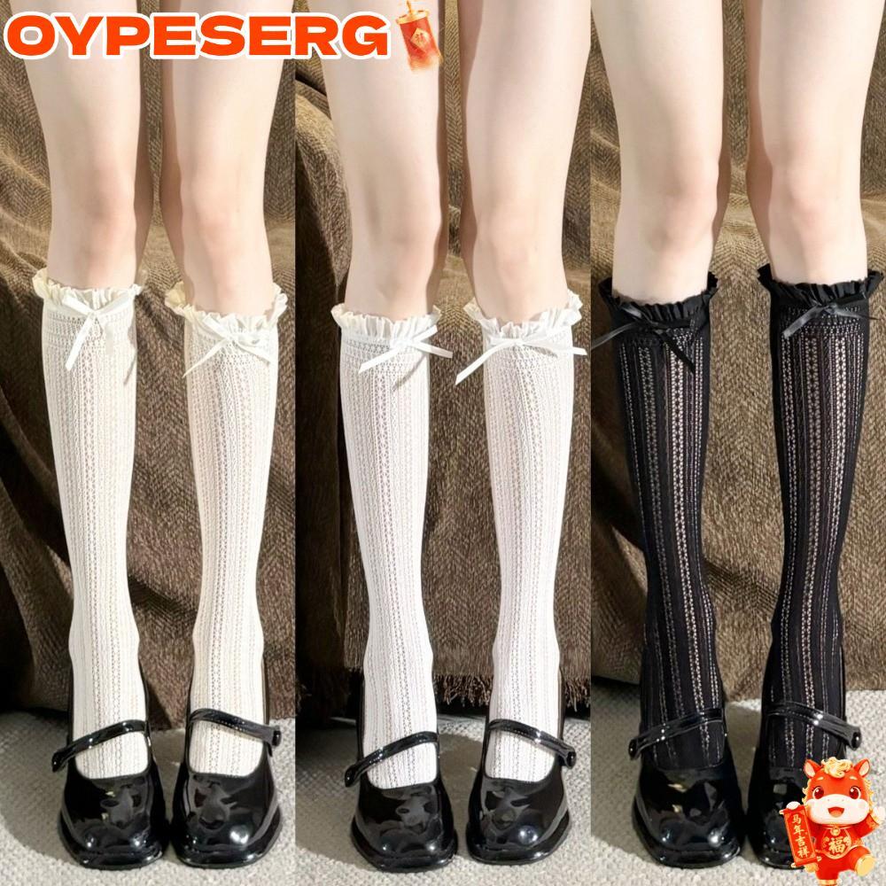 OYPESERG 1 คู่ JK ถุงเท้า, สีทึบ Hollow Lace Lolita ถุงเท้า, บาง Bowknot ออกแบบตาข่าย Fishnet Ruffles ออกแบบลูกวัวถุงเท้าสาวสวมใส่