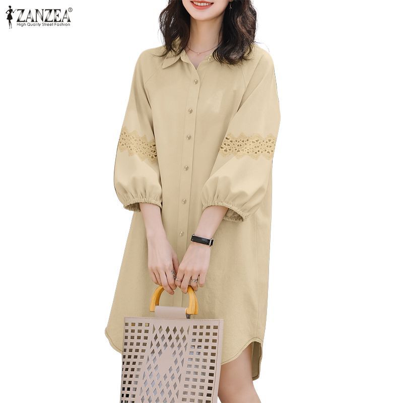 ZANZEA กระโปรงเชิ๊ตสไตล์เกาหลี casual chic สำหรับผู้หญิง ดีไซน์ Turn-down-collar มีลายลูกไม้และเปิดหน้าอก