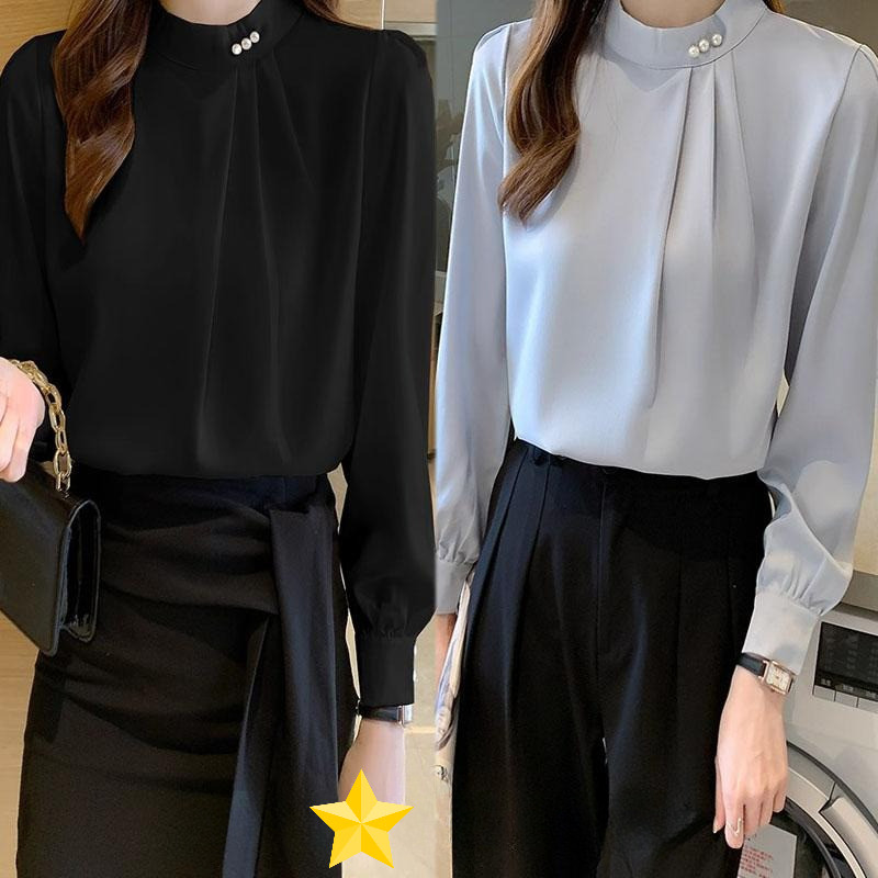 perbit#เสื้อเบลาส์ผู้หญิง ผ้าชีฟอง ทรงหลวม แขนยาว ประดับมุก คอตั้ง มีให้เลือกหลายสี#99295