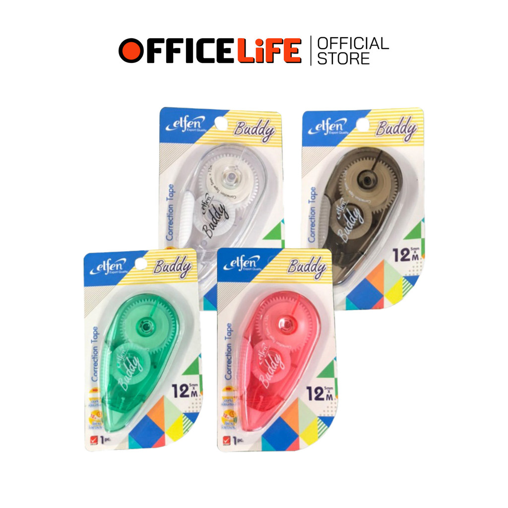 Elfen (เอลเฟ่น) เทปลบคำผิด รุ่นบัดดี้ Buddy ความยาว 12m ( 12 ชิ้น / กล่อง คละสี )