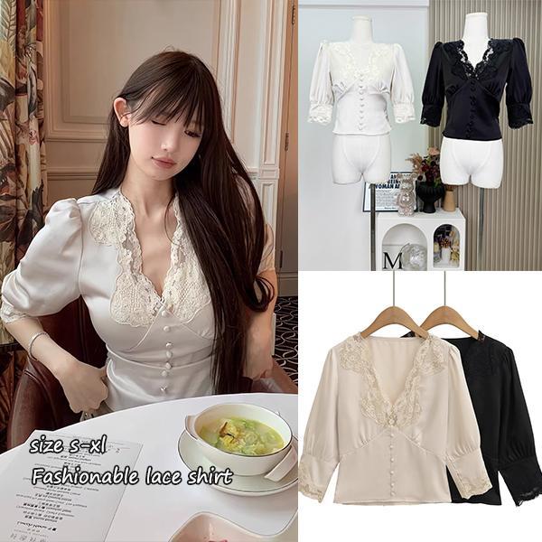 mimi&didi#เสื้อครอปเอวสูงสั้น เสื้อเชิ้ตแขนพองแต่งลูกไม้ เอวเข้ารูป คอวีแฟชั่น มีสไตล์และเข้ารูปสำหรับผู้หญิง#99270