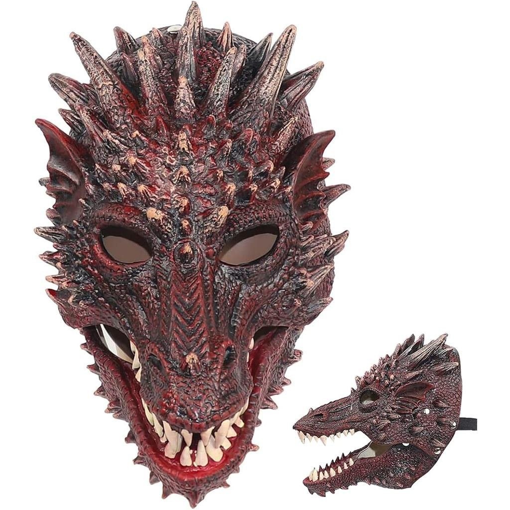 ความคิดสร้างสรรค์ Dragon Half Mask Moving Jaw Novelty Halloween Carnival 3D Head Latex Mask (สีแดง) 