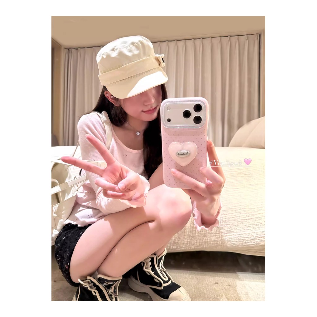 Ins สไตล์เกาหลี Gentle Girl ครีมสีชมพู Polka Dot Love Bracket เหมาะสําหรับ 17pro/17ProMax เคสโทรศัพท์ 16 รวมทุกอย่าง 14 สไตล์ใหม่ 16Promax เคสป้องกัน - รูปที่ 5