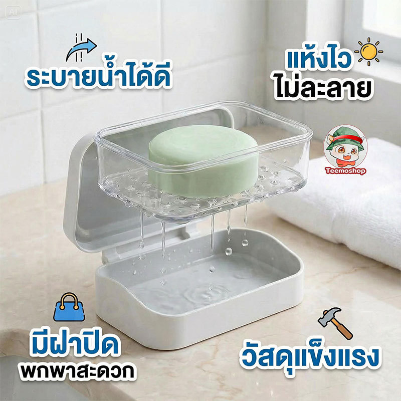 กล่องสบู่แบบสองชั้น มีฝาปิดกันน้ำ สีพาสเทลน่ารัก แยกสบู่ไม่ละลาย ระบายน้ำดี ใช้งานสะดวก