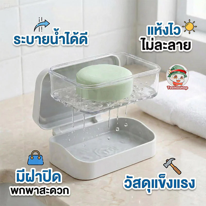 กล่องสบู่แบบสองชั้น มีฝาปิดกันน้ำ สีพาสเทลน่ารัก แยกสบู่ไม่ละลาย ระบายน้ำดี ใช้งานสะดวก