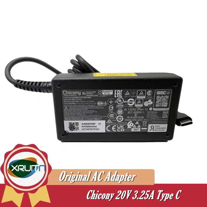Original Chicony A20-065N3A A065RP99P 20V 3.25A 65W Type-C อะแดปเตอร์ AC สําหรับ Acer Chromebook 515