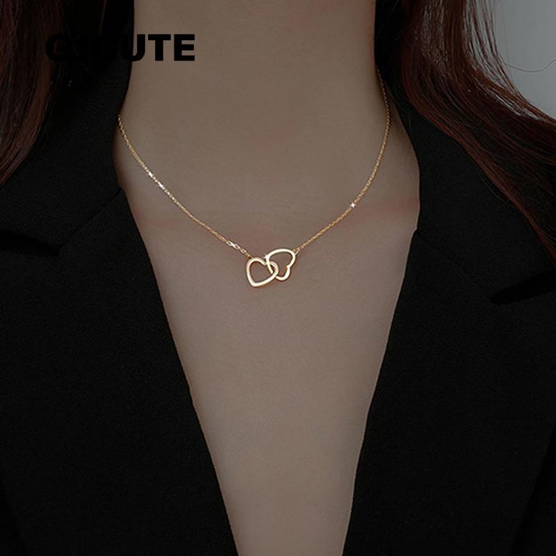 GJCUTE สร้อยคอหัวใจคู่สแตนเลส Hollow Heart จี้ Clavicle สร้อยคอ WTD