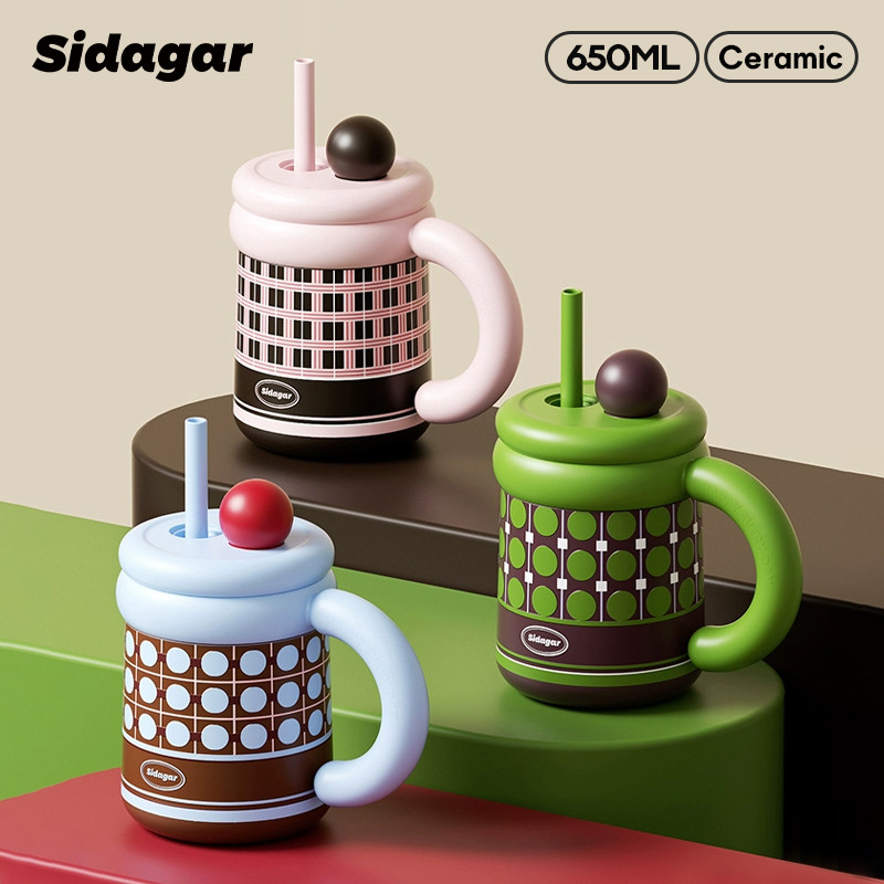 Sidagar ถ้วยฉนวนเซรามิคบนโต๊ะ, 650ml ความจุขนาดใหญ่สำนักงานชงชาถ้วย,กรองฟาง