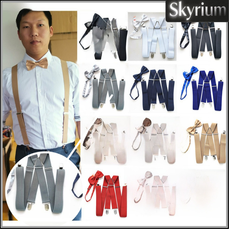 ผู้ชายผู้หญิงSuspenders Bow Tiesชุด3.5ซม.ความกว้างสีทึบปรับเนคไทสําหรับงานแต่งงานอย่างเป็นทางการ 4YZ