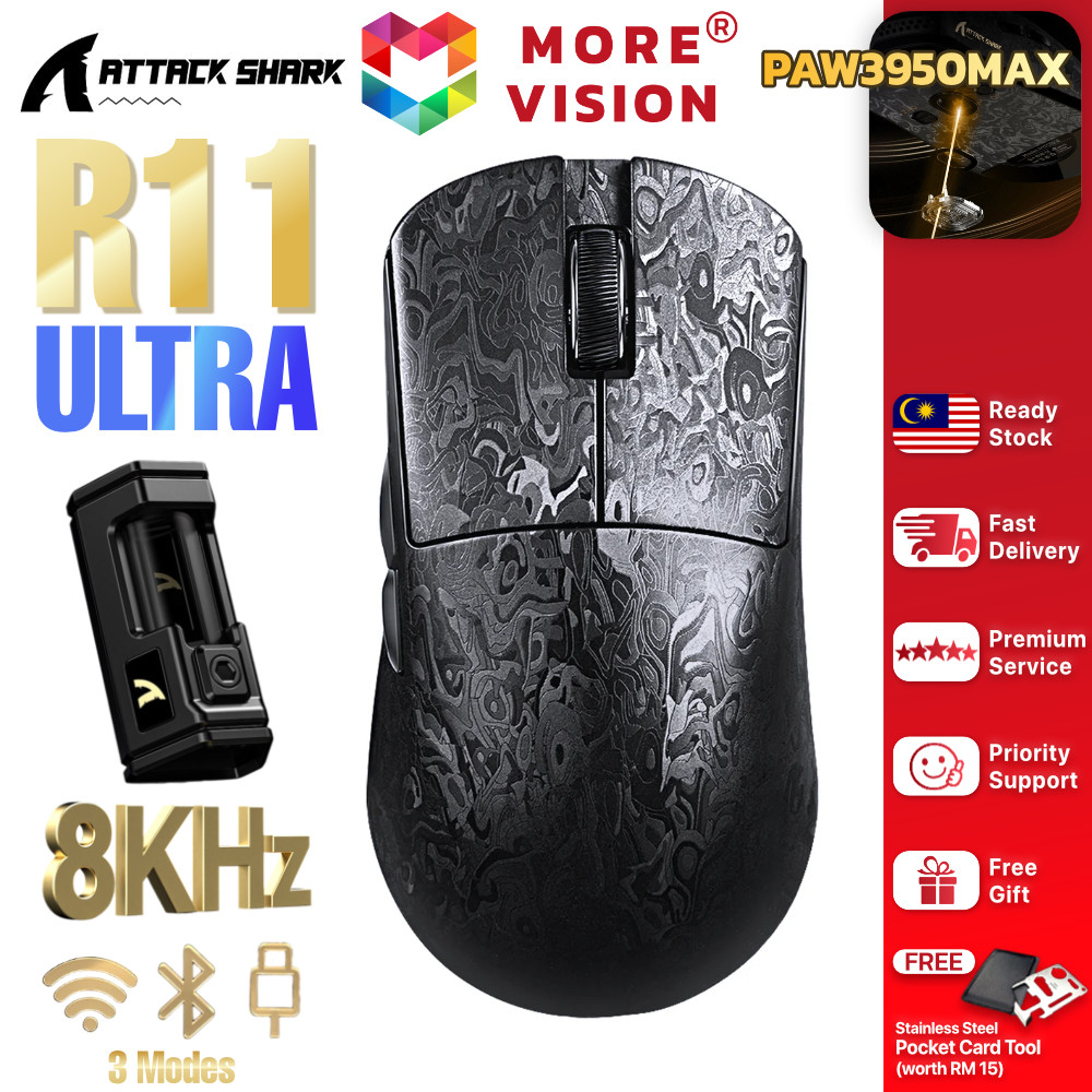 ATTACK SHARK R11 Ultra Wireless Gaming Mouse คาร์บอนไฟเบอร์ 3 โหมดการเชื่อมต่อ PAW3950MAX 8000Hz Pol