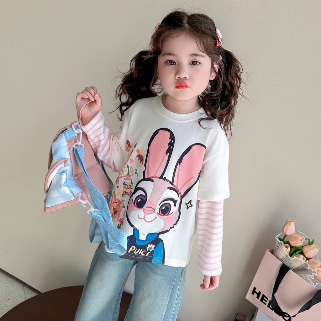 สาวการ์ตูนปลอมสองชิ้นเสื้อยืดฤดูใบไม้ผลิแขนยาว จุดต่ําสุด เสื้อ90-140ขนาด ชั่วโมง6ชม.