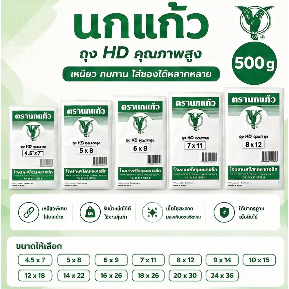 🦜 ถุงขุ่น HDPE ตรานกแก้ว
เหมาะสำหรับใส่อาหาร ผัก ผลไม้ และของทั่วไป เหนียว หนา ใช้งานได้นาน