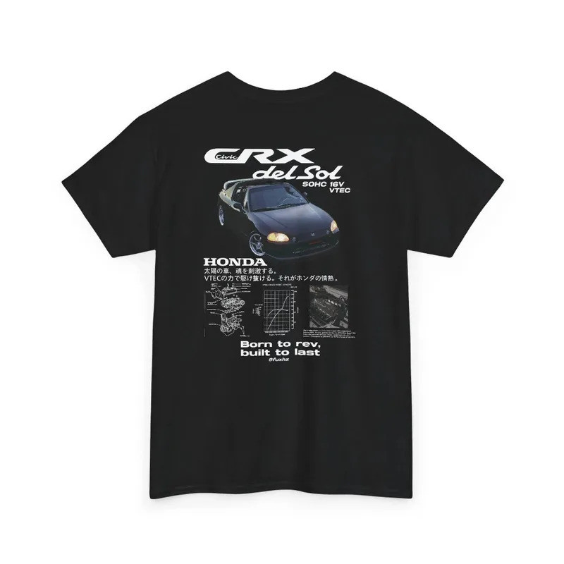 เสื้อยืดคอตตอน Honda CR-X del Sol VTEC ลายรถและเครื่องยนต์หน้า-หลัง  S-5XL Unisex