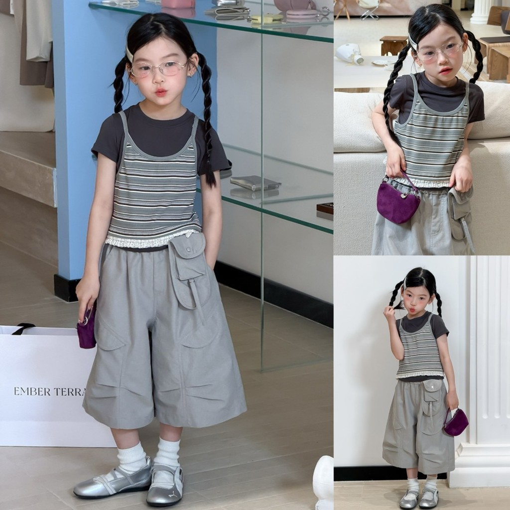 PRETTY BABY เสื้อยืดเด็ก เสื้อยืดคอกลม+เสื้อสายเดี่ยว งาน 2 ชิ้น กางเกงทรง 7 ส่วน แถมกระเป๋า(2221)