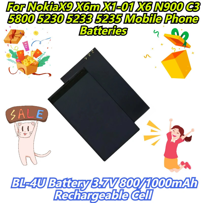 BL-4U แบตเตอรี่ 3.7V 800/1000mAh สําหรับ NokiaX9 X6m X1-01 X6 N900 C3 5800 230 5233 5235 แบตเตอรี่โท