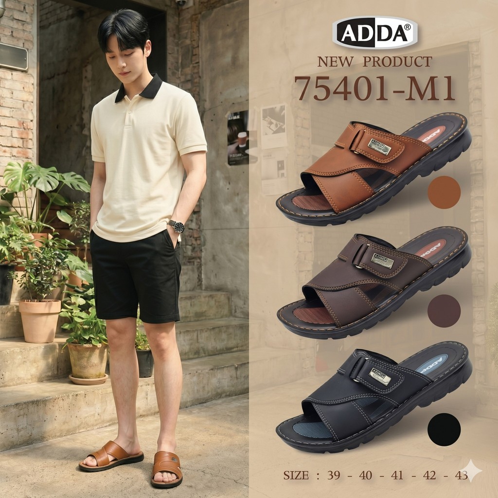 ADDA รุ่น 75401-M1 (Size 39-43)รองเท้าสวม PU เย็บขอบเพิ่มความเเข็งแรง ดูสุภาพ นุ่มเบาใส่สบาย