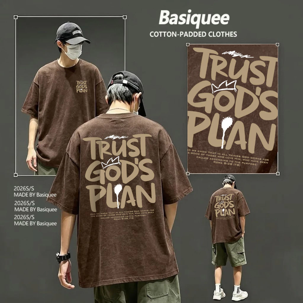 Basi💥เสื้อผู้ชาย เสื้อยืด oversize เสื้อฟอก วินเทจ สตรีท เกรดพรีเมียม เสื้อคอตตอน ไม่หดตัว ใส่สบาย ลาย "TRUST GODS"