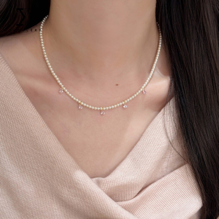 100% S925 เงินสเตอร์ลิง Water Drop สีชมพูเพชรสร้อยคอไข่มุกแฟชั่นอ่อนโยน Clavicle Chain