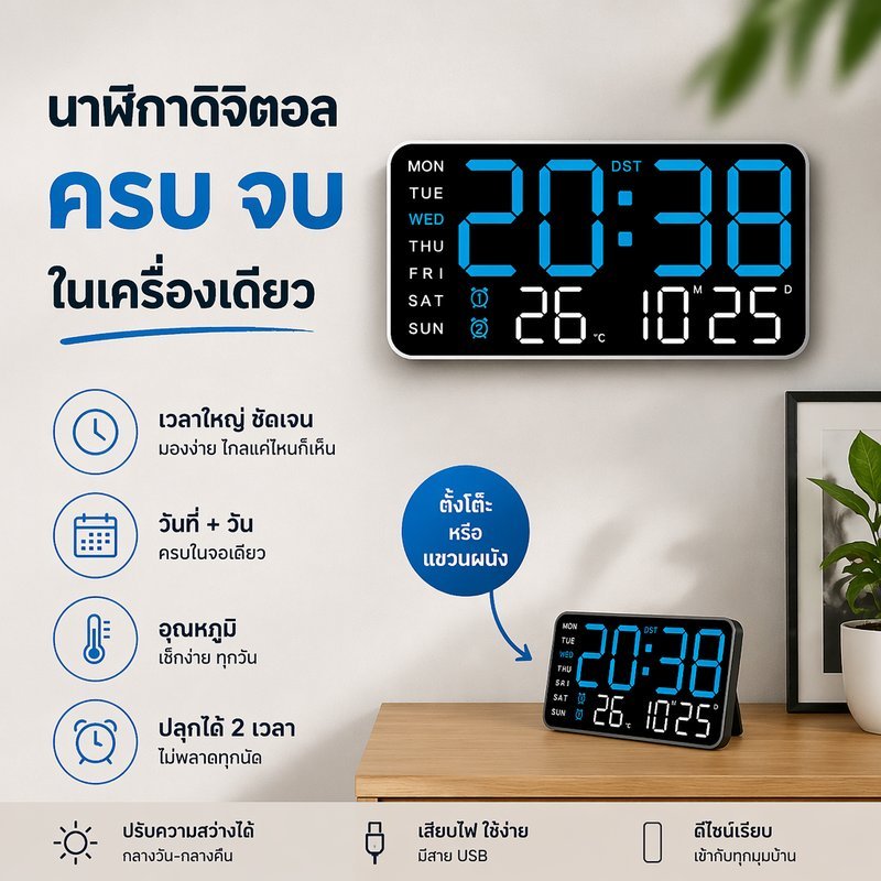 COD นาฬิกาดิจิตอล นาฬิกาตั้งโต๊ะ นาฬิกาแขวนผนัง ไร้กรอบ ปรับแสงได้ ปลุกคู่ แสดงวันอุณหภูมิ