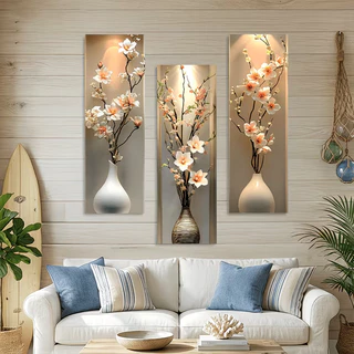 ชุดภาพวาด 3D ติดผนัง 3 ชิ้น ลายดอกไม้และใบไม้ ศิลปะตกแต่งห้องนั่งเล่น สวยงามมีมิติ