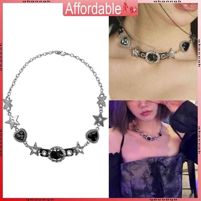 AH สร้อยคอโชคเกอร์ Rhinestone Heart Star Punk สไตล์กระดูกไหปลาร้าโซ่ Y2K เครื่องประดับ